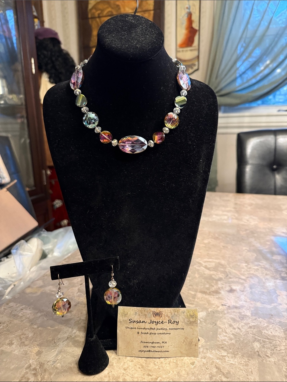 Artisan created unique, AB crystal faceted necklace sterling matching earrings